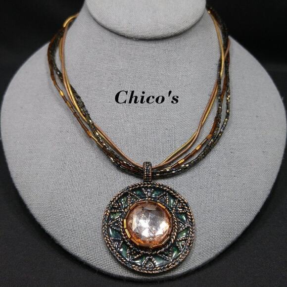Chico's Seed Bead Rhinestone Pendant Enamel Necklace, Snake Chain, 20 Inches - Picture 1 of 11